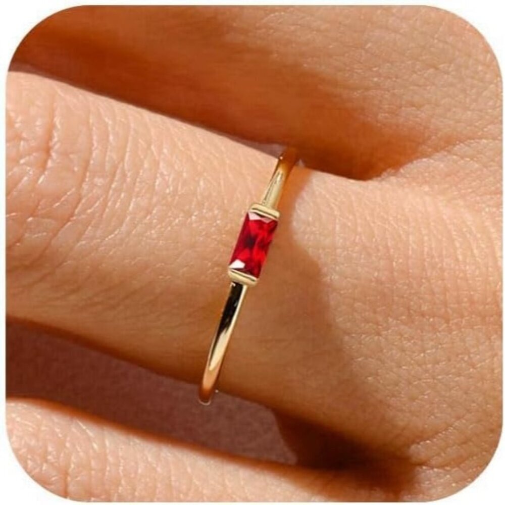 Women Red/gold Non Tarnish Dainty 14k Gold Plated Baguette Emerald Stone Ring